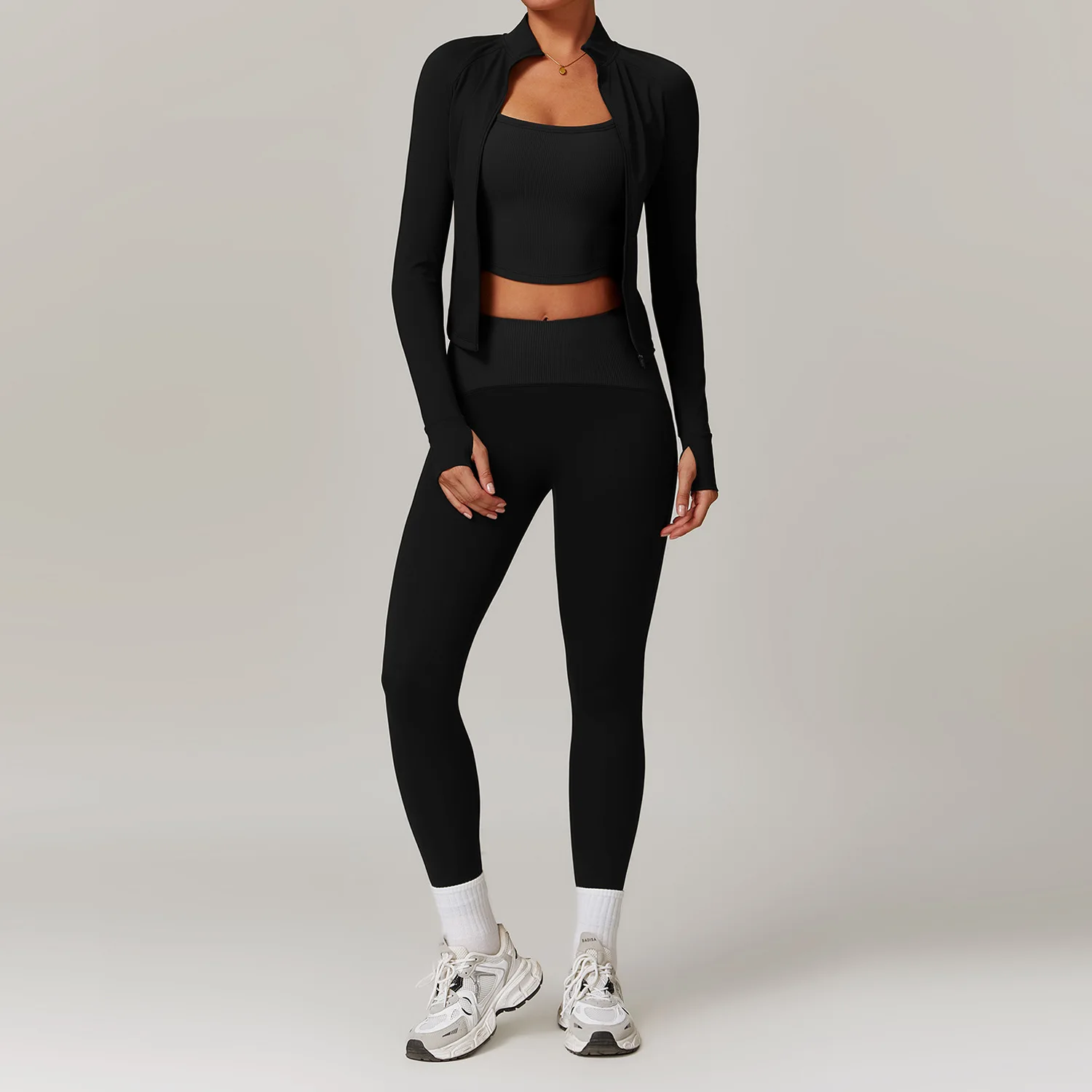 2025 New Solid Color Women's 3-piece Yoga Set High Waist Hip Lifting Pants Sports Camisole Top Long Sleeved Jacket Yoga Clothing