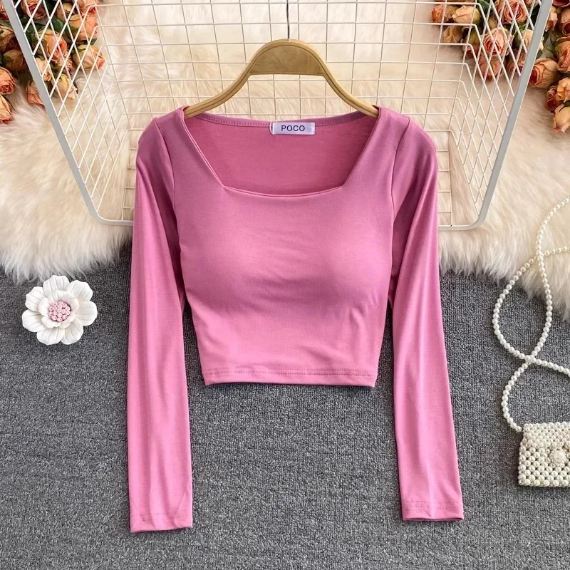 Korean T-shirts for Women with Built in Bra T Shirts Womens Long Sleeve O-neck Tees Female Casual Fashion Almighty Dropshipping