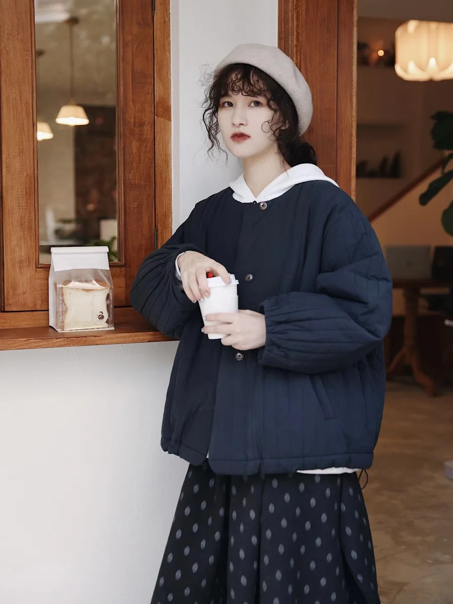 

Thiened Cotton Jaet Women's Loose Autumn Winter Coat Sweet Pure Color Japanese Sle Artistic Retro Outerwear