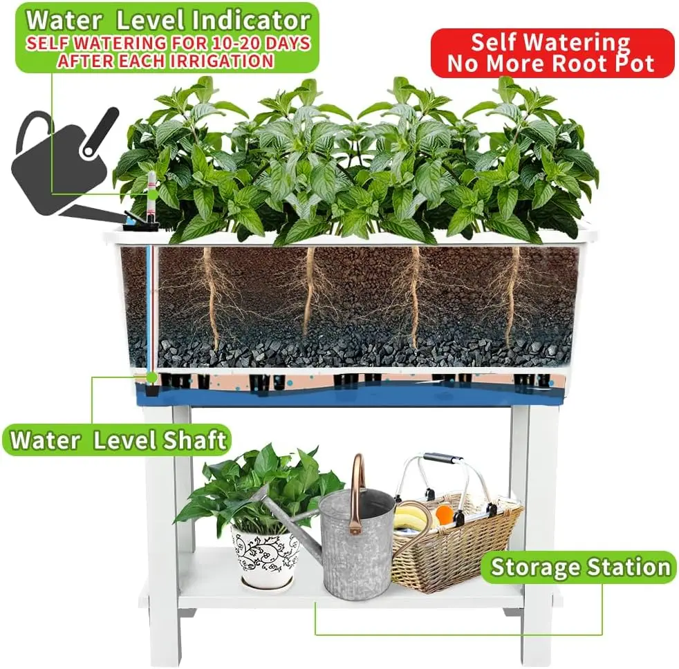 3 Pcs Self Watering Elevated Raised Garden Bed, Large Outdoor Plastic Planter Box, Big Flower Plant Container Set For Growing Flowers Vegetables Herbs, Patio Yard Greenhouse Standing Planter, White