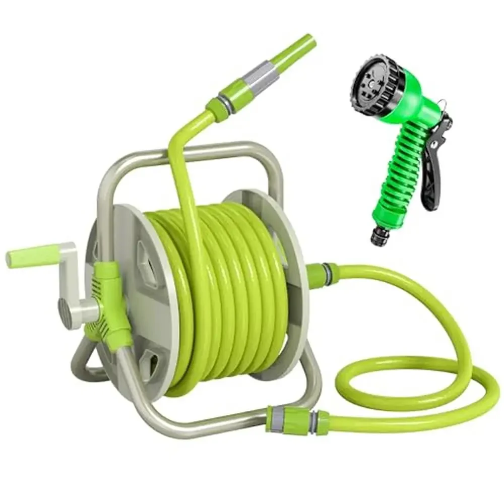 Portable Lightweight Garden Hose Reel Set with 50.8ft Hose Adjustable Spray Nozzle Stable Triangular Base Foldable Design