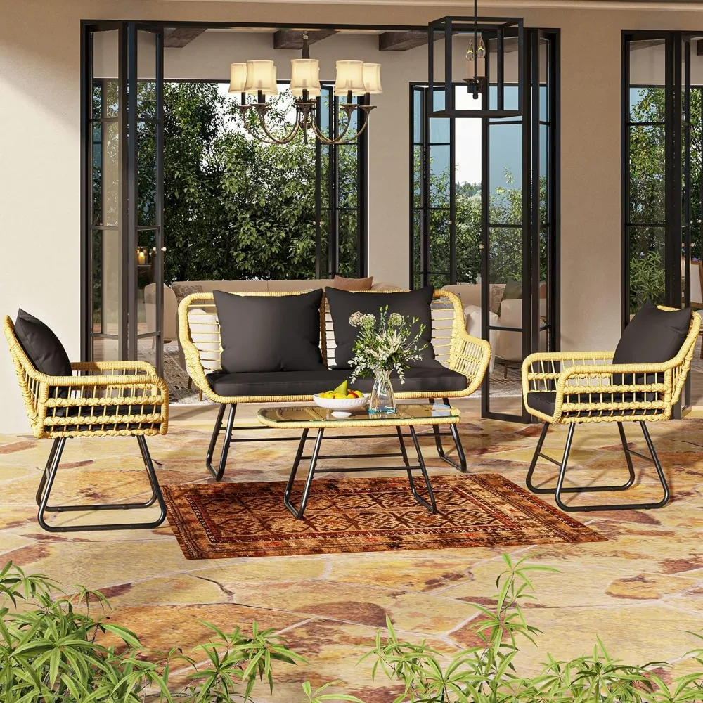 4-Piece Patio Furniture Wicker Outdoor Bistro Set, All-Weather Rattan Conversation Loveseat Chairs for Backyard,