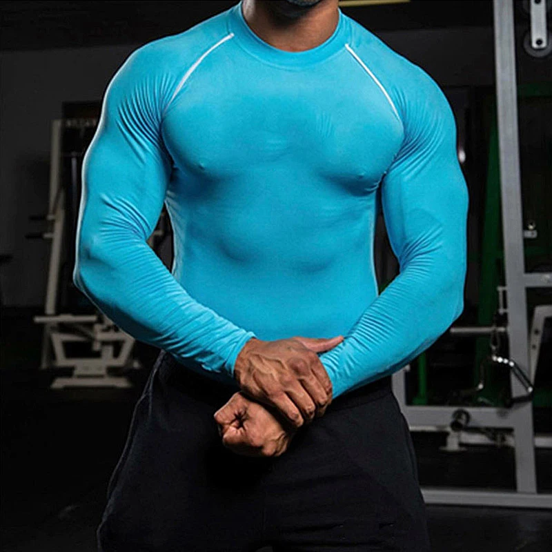 Men\'s Gym Fitness Compression Shirts Long Sleeve T-shirt Quick Dry Sweatshirt Man Bodybuilding Workout Tight Tees Casual Clothes