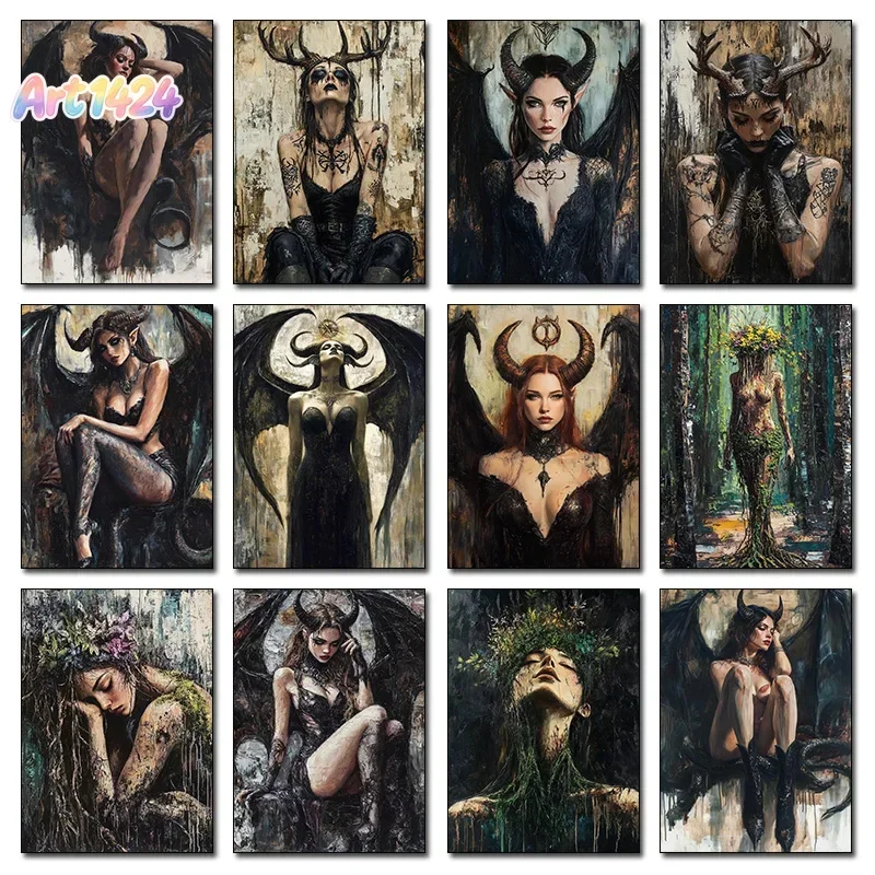 Beautiful Lilith Art Print Horned Goddess Sexy Female God with Black Dragon Wings Painting Decor Printable Dark Fantasy Poste