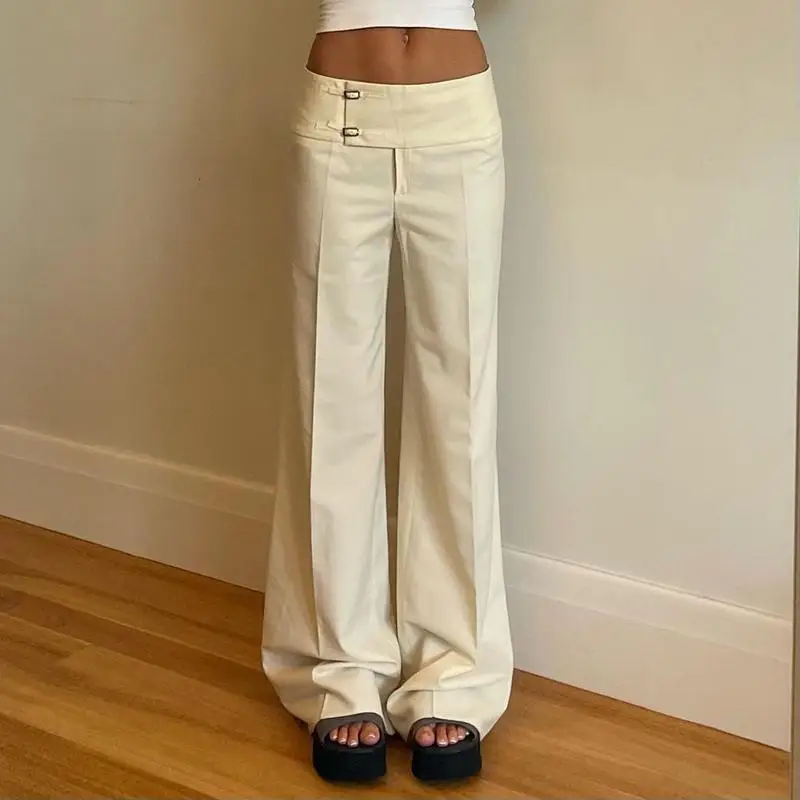 Vintage Y2K Korean Streetwear Pants Woman Low Rise Straight Loose Beige Trousers Button Up Basic 2000S Women Casual Pants