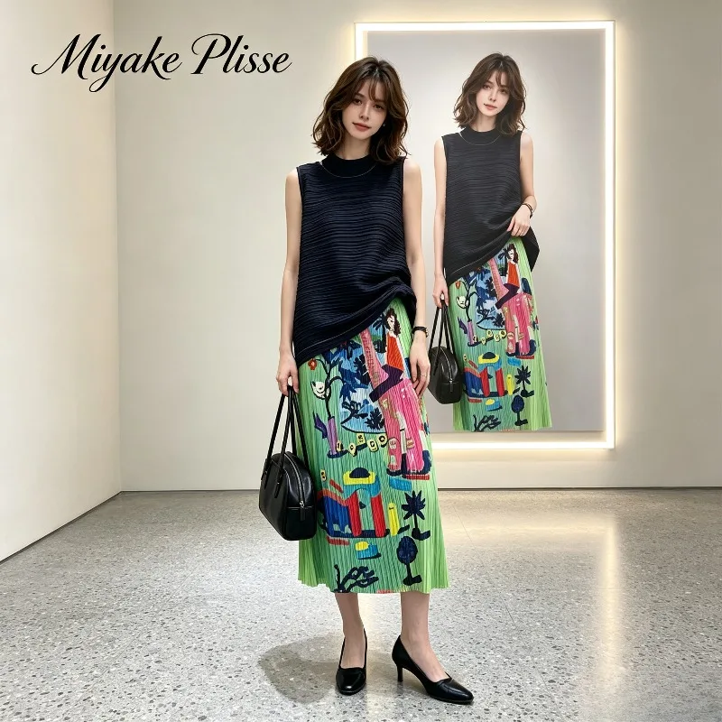 Miyake Pleated 2026 New Sleeveless Top with Printed Pleated Skirt for Women Summer Simple Versatile Fashion Two-Piece Set Pleat