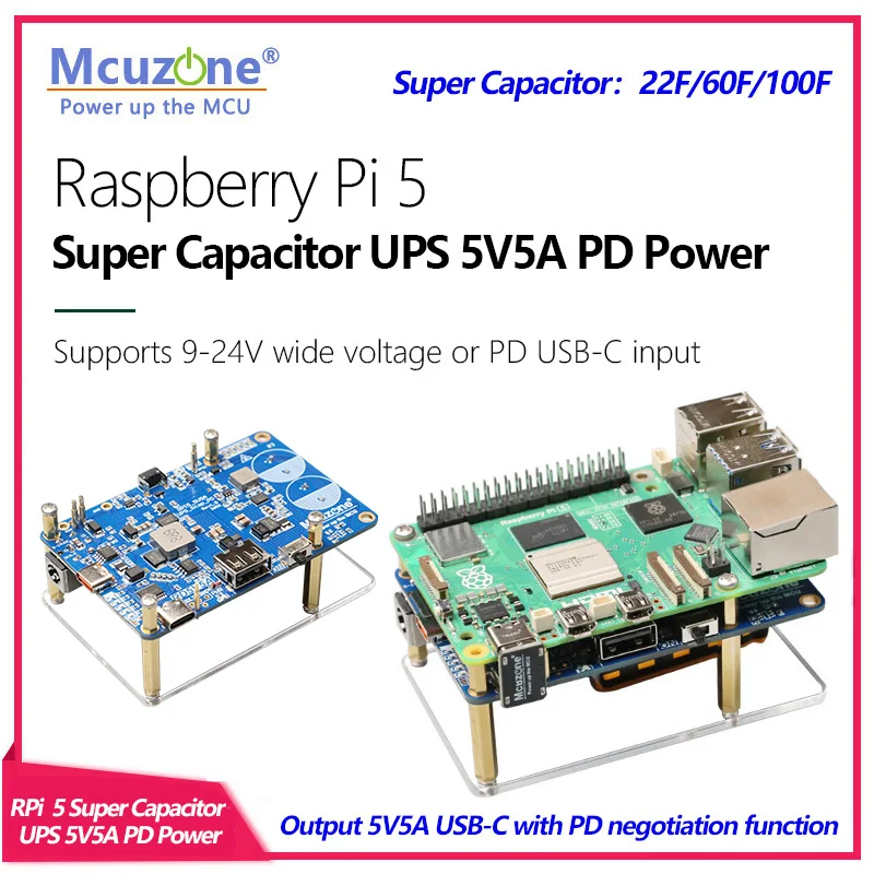 

Raspberry Pi 5 Super capacitor 5V5A UPS PD Power Module，supports 9-24V wide voltage or PD USB-C input，and USB-C PD output