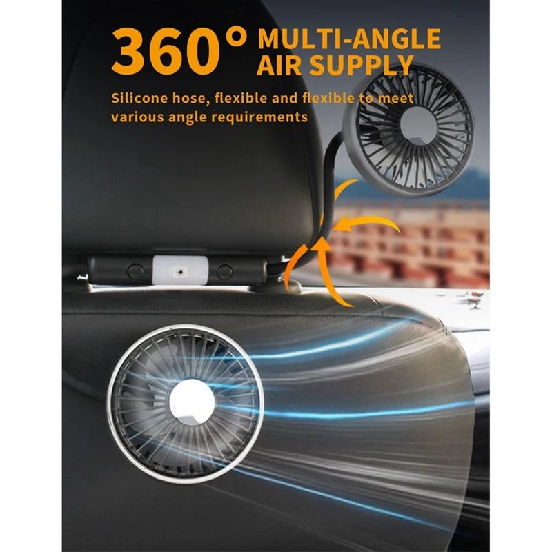 Backseat Car Fan With Dual Head Hose, LED Lights, And 3 Speed Settings, USB Portable Cooling Fan For Cars