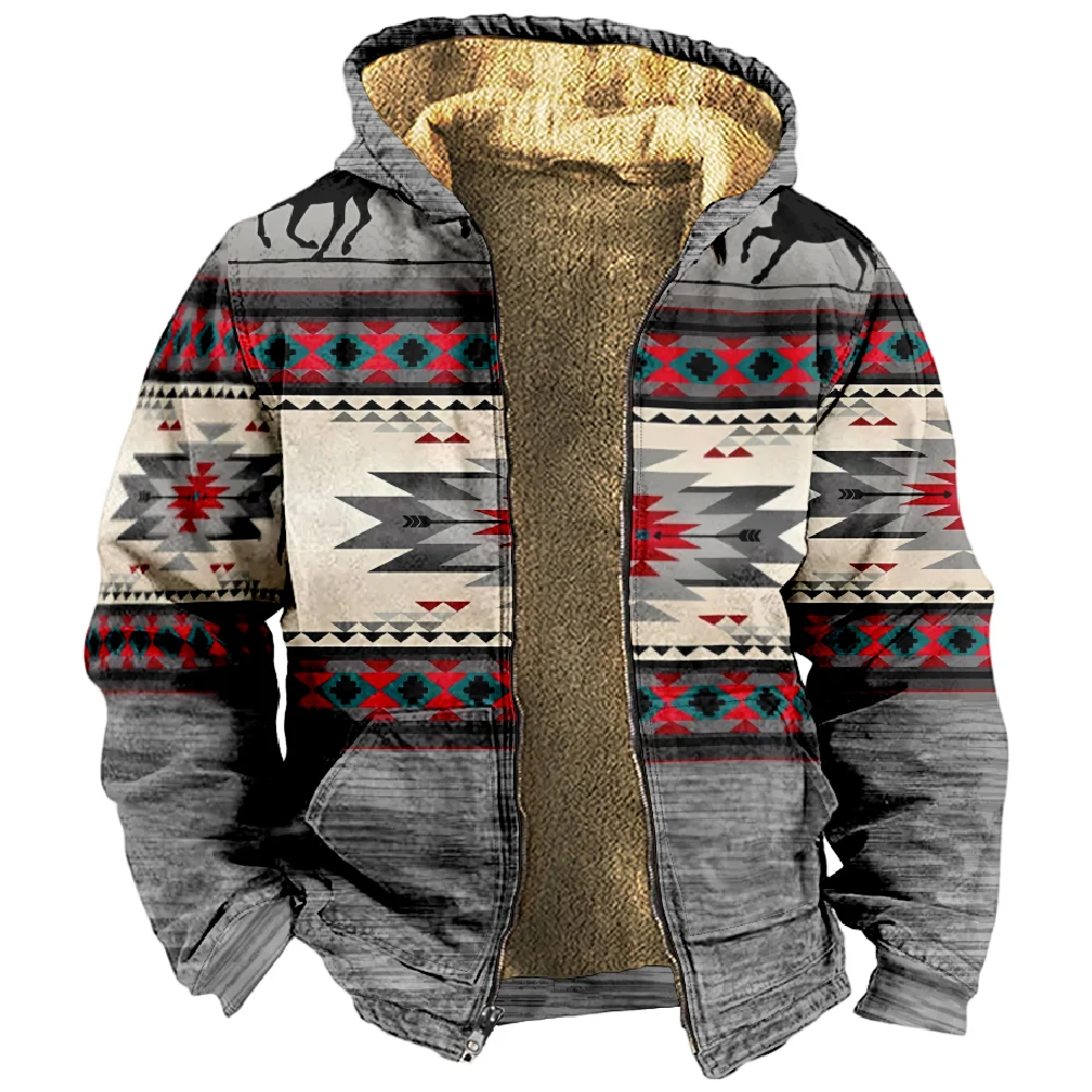 Tribal Prints Designer Vintage Ethnic Hoodie Long Sleeve Zipper Sweatshirt Stand Collar Coat Women Men Winter Clothes