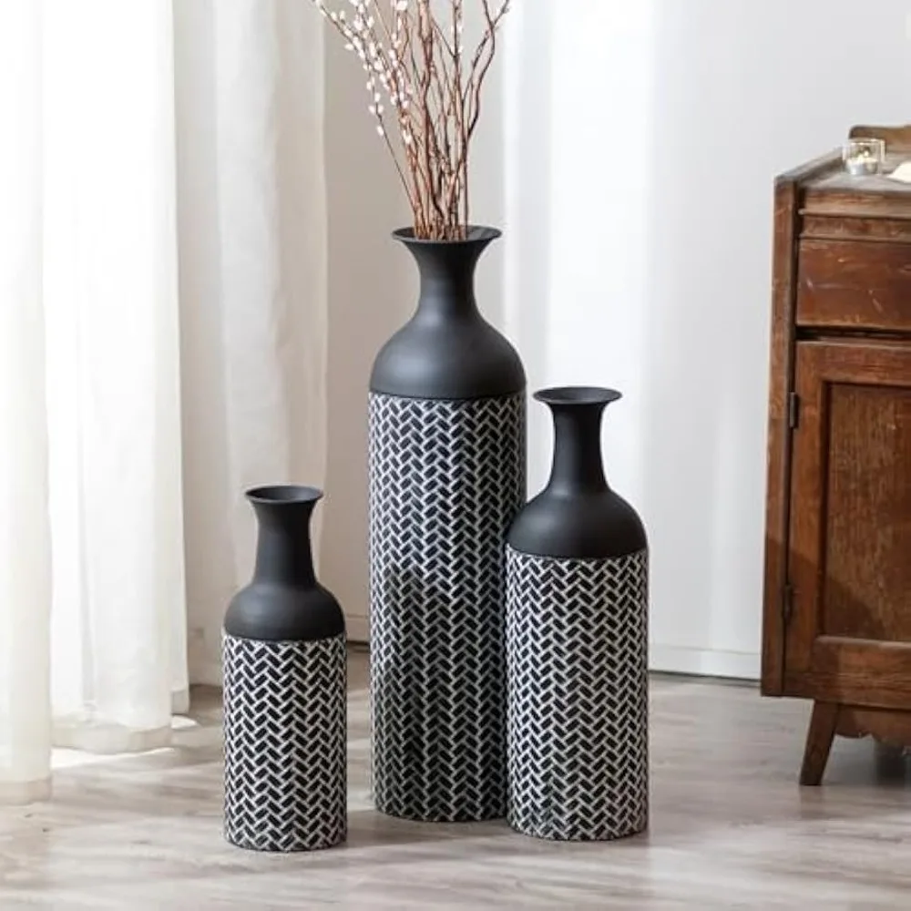 

Black Large Metal Vases: 27/20/16in Tall Set of 3 Giant Vintage Floor Vases for Living Room, Fireplace, Hallway, Corner, Office