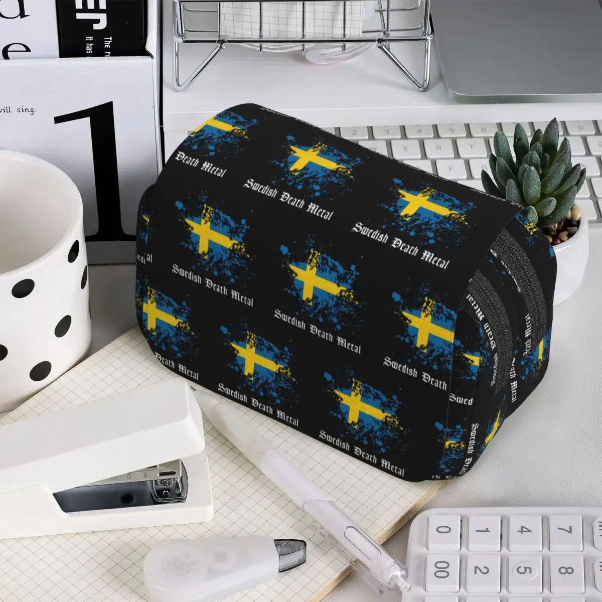 Swedish Death Metal Band Black Heavy Sweden Flag Pencil Case for Boy Girl  Pen Box Pencil Bag Stationery Supplies Pen Holder Bag