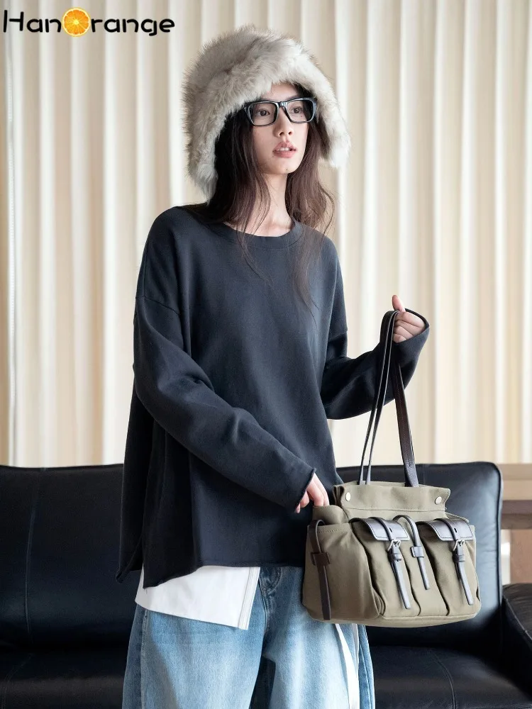 Fleece T-shirt Women Round Neck Drop Shoulder Split Hem Solid Color Loose Lazy Long Sleeve Top