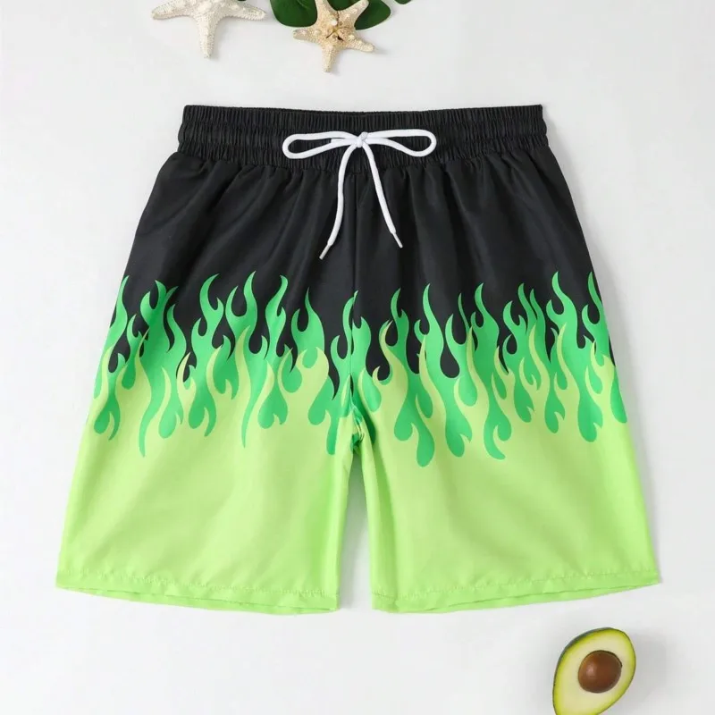 Vacation Single Piece Flame Print Drawstring Waist Beach Shorts Summer Men's Swim Trunks 3D Print Breathable Short Streetwear