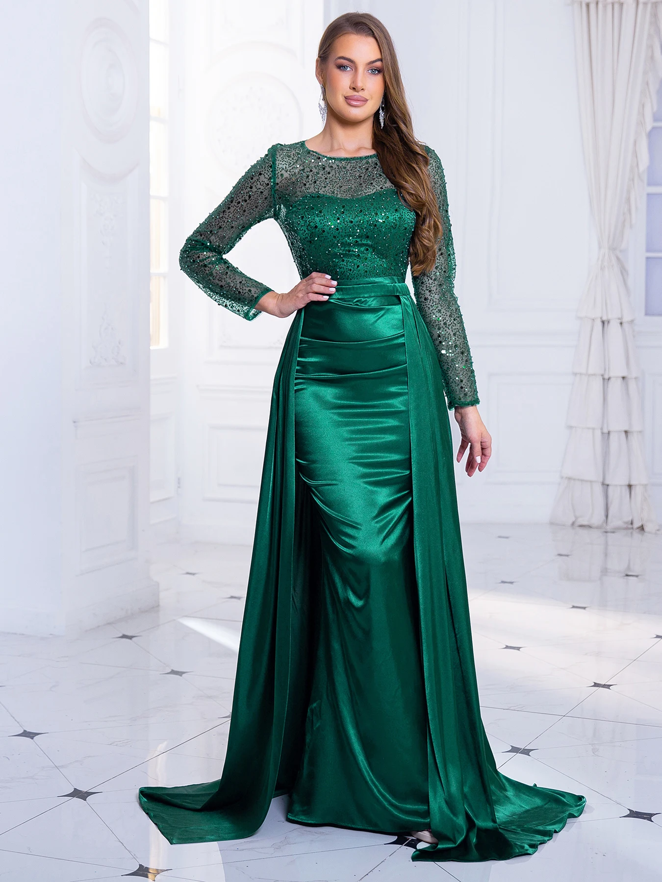 Sequined Floor Length Evening Party Dress Long Sleeve Prom Gown Padded O Neck Long with Detachable Satin Skirt Green Gold