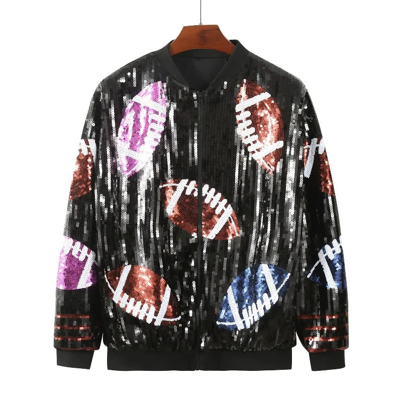 

Designer Color Patchwork Geometric Round Neck Coat Women Autumn New Hip Hop Sequins Zipper Streetwear Fashion Loose Jacket