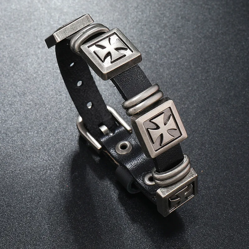 Movie Bracelet Bangle Vintage Leather Knights Templar Iron Cross Decorated String Cuff Wristband Jewelry Cosplay Gift Accessory