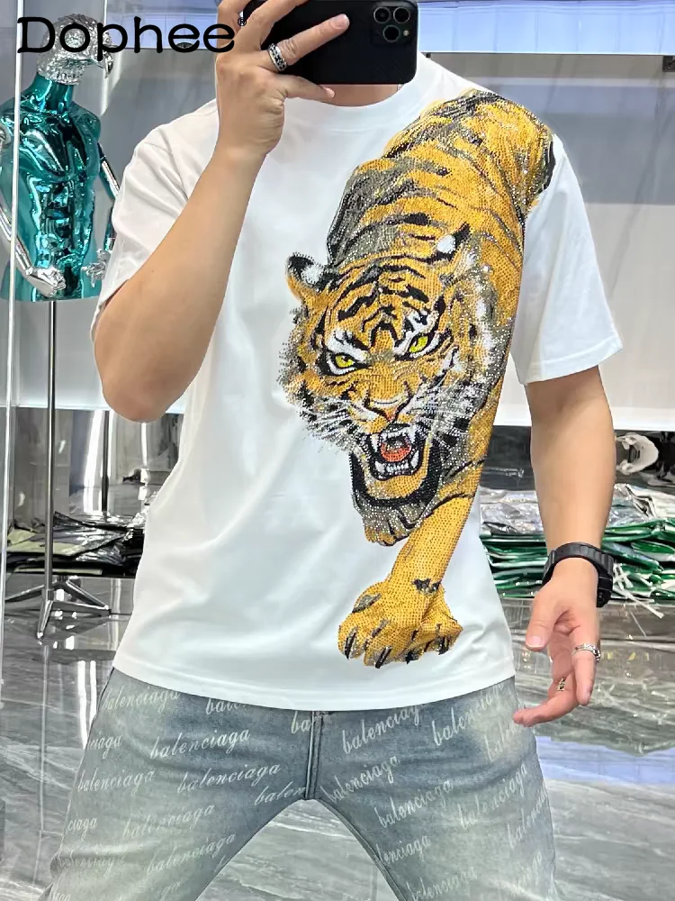 

2024 Summer New Fashion Male T-Shirts Tiger Print Short Sleeve Handsome T-shirt Men Trendy Letters Versatile Round Neck T-shirts