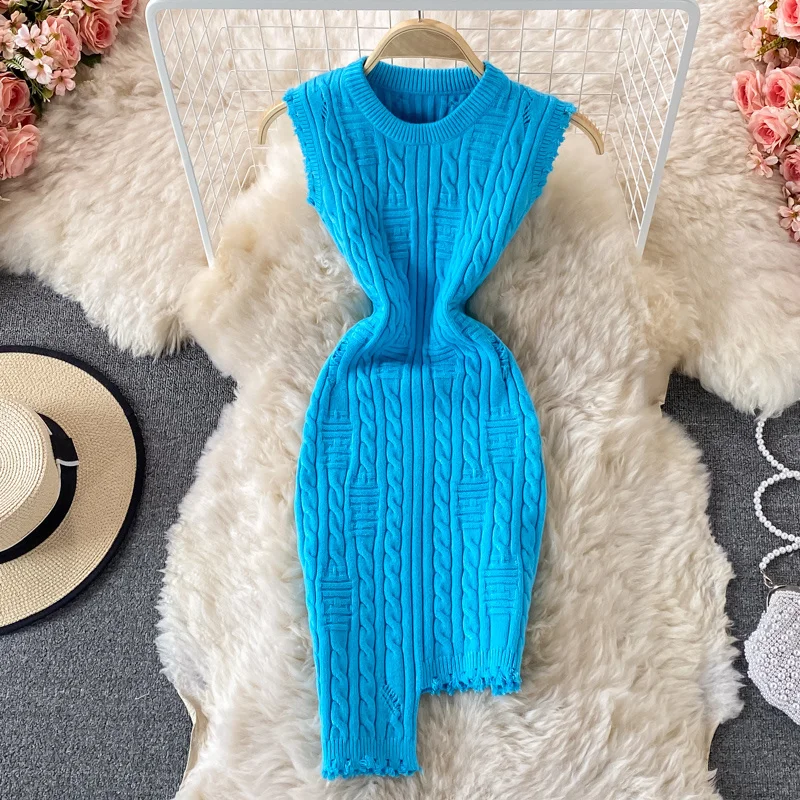 New Design Twist Knitted Bodycon Dress Women Solid O-neck Sleeveless Tassels Irregluar Slim Stretch Bandage Mini Sweater Dress