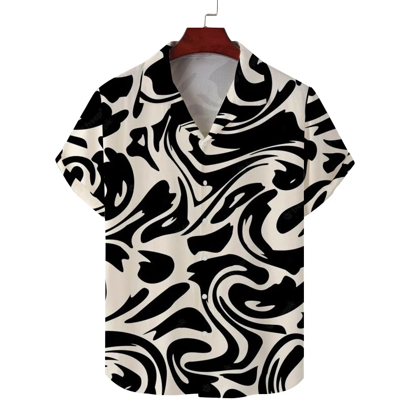

Мужская летняя рубашка с кубинским воротником и короткими рукавами с волнистым принтом, удобная и дышащая.