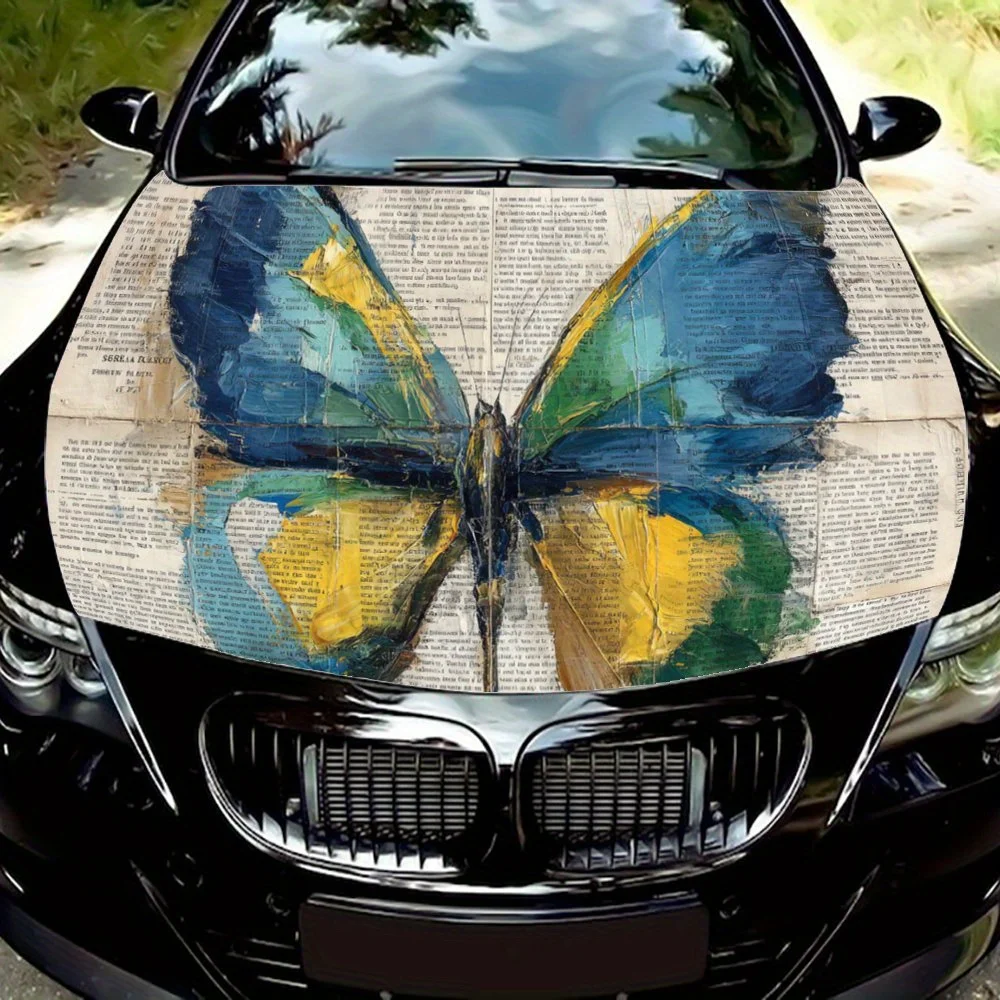Vintage Butterfly Art Colorful Butterflies on Old Book Pages Car Hood Sticker PVC Self Waterproof stick, Striking Auto Exterior