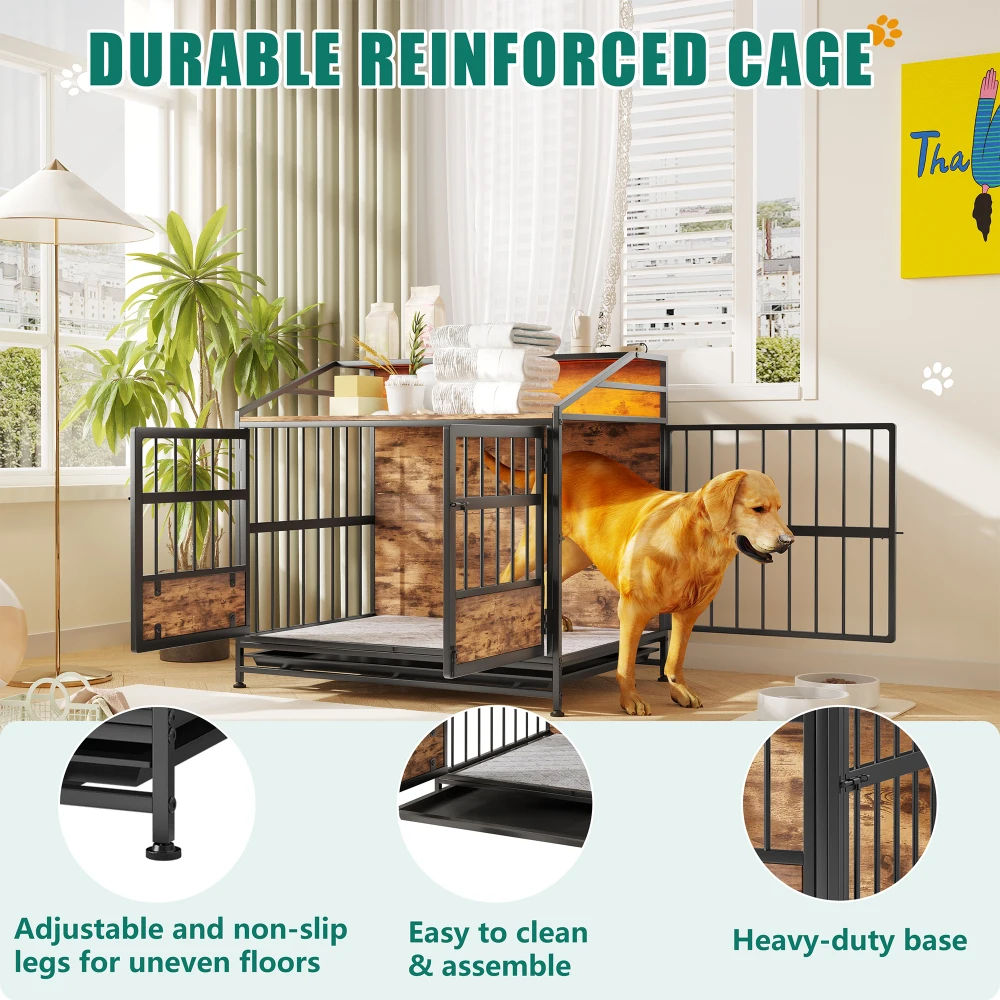 Multi-function Furniture Style Dog Crates with Storage, Dog Crate Furniture Large Wooden Dog Kennel with Double Doors
