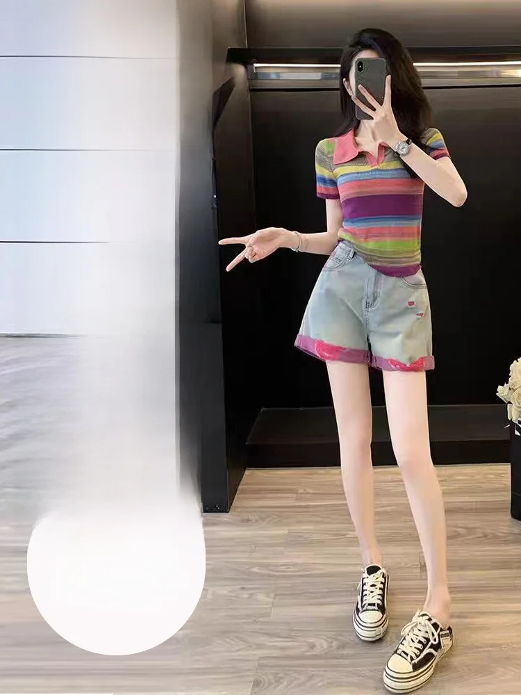 

Faionable Rainbow Knit Top And orts Set Женский летний антивозрастной винтажный Dopane Ensemble ort Sve round Ne