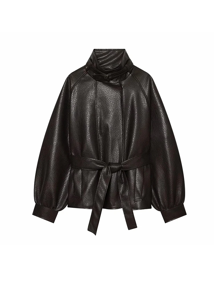 Women Fall Winter Faux Leather Jacket Women High Neck Long Sleeve With Belt Coats Casual Streetwear Outerwear Vintage Lady Top