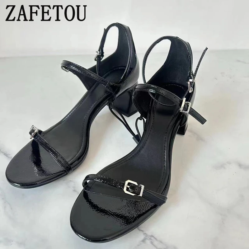 Zafetou Shoes Women 2024 Summer New Style Black Elegant Round Head With Exposed Toes Buckle Coarse Heel Women's Sandals