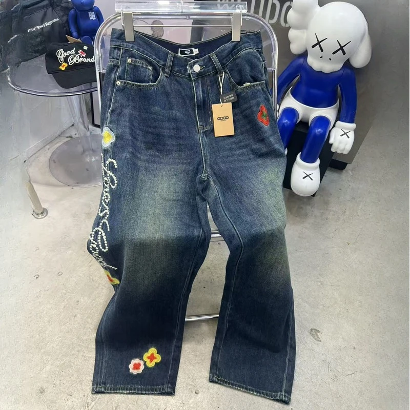 25ss azul escuro neutro all-match goodbrand jeans de perna reta flor bordado estilo unissex casual bom calças