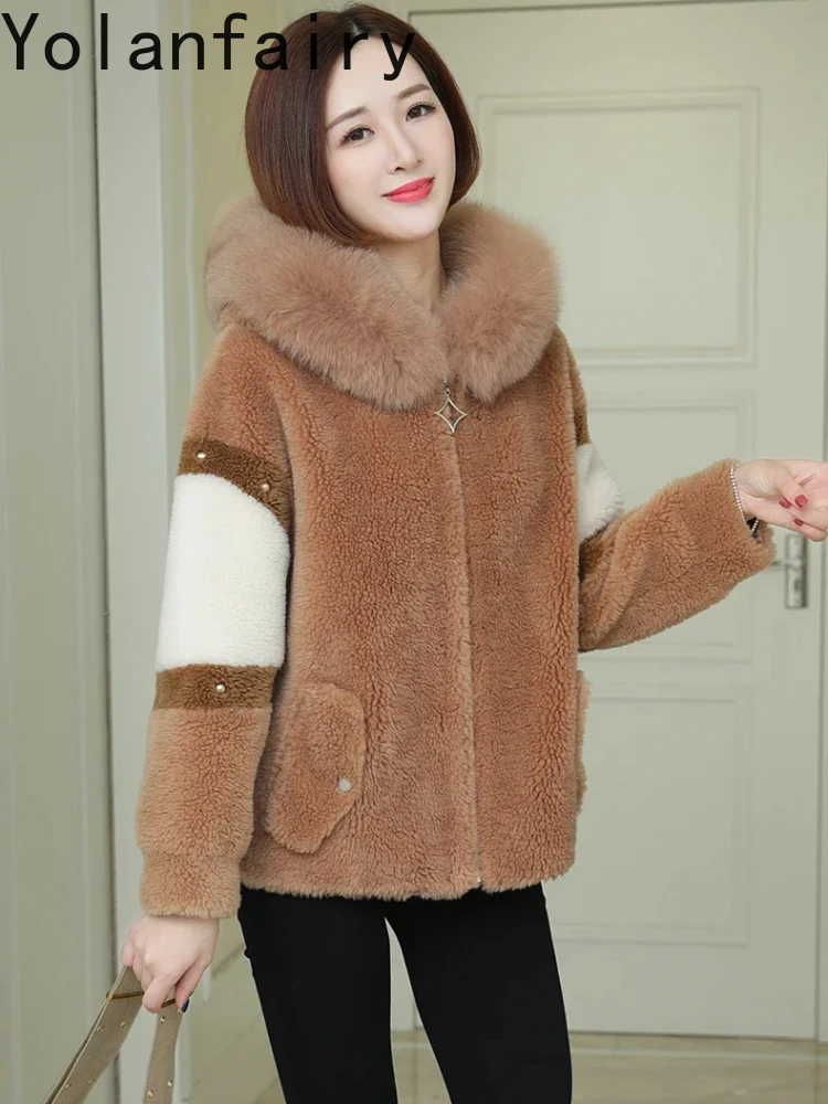 

100% Real Wool Fur Coat Genuine Fox Fur Collar Hooded Winter Coats Women 2024 Soft Warm Female Jacket Femmes Manteaux Zjt668