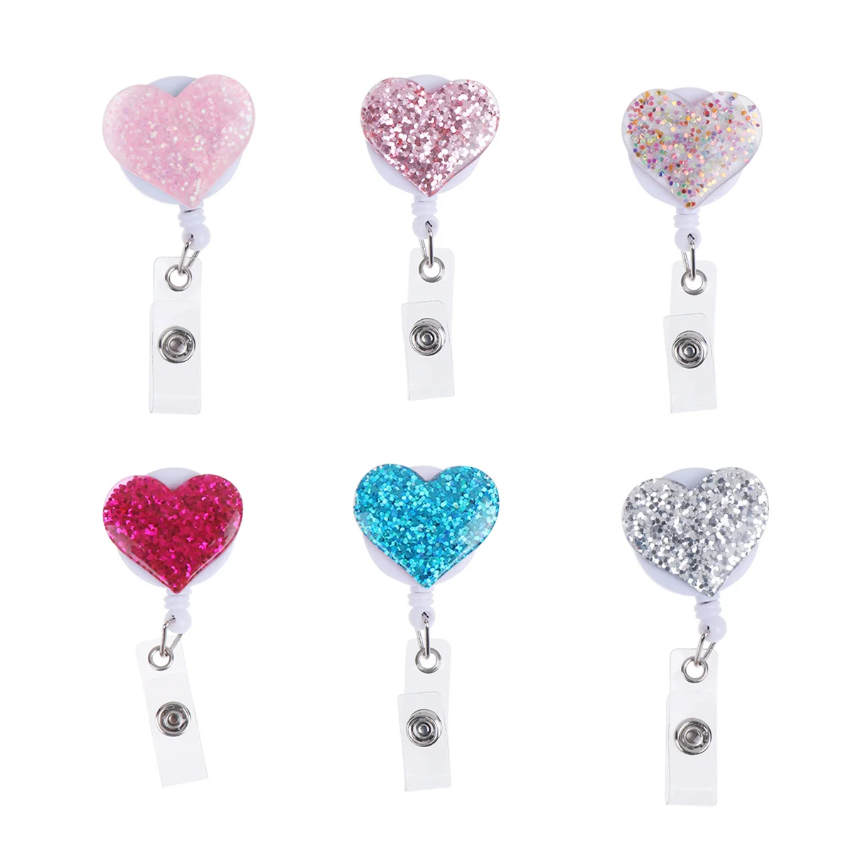 

6pcs Heart Shape Badge Reels Colorful Cartoon Id Holder Retractable Name Tag Clip For Nurse School Hospital Uniform Plastic