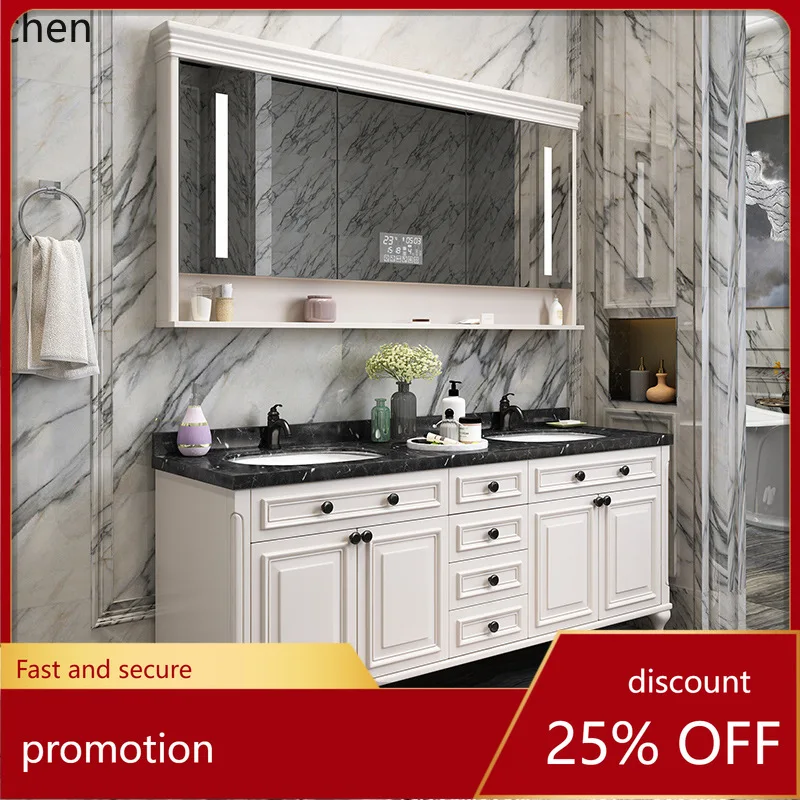 

YFY Bathroom Cabinet Solid Wood Rock Plate Double Basin Toilet Washstand Smart Mirror Cabinet