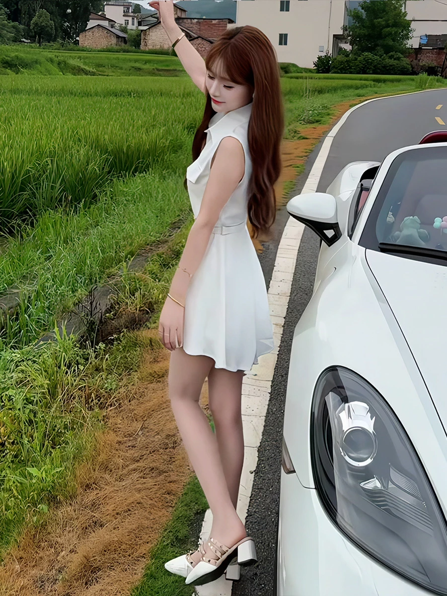 Summer New Korean Sle Pure Color Svel  Collar irt Dr Women's Design Slimming ort Skirt High Waist A-Line D...