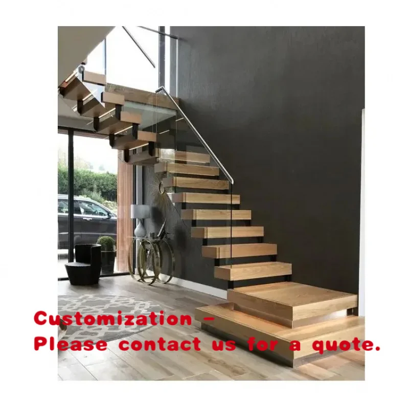 custom.Modern Home Floating Stairs Decoration Staircase Design Carbon Steel Stringer White Oak Wood Treads Indoor