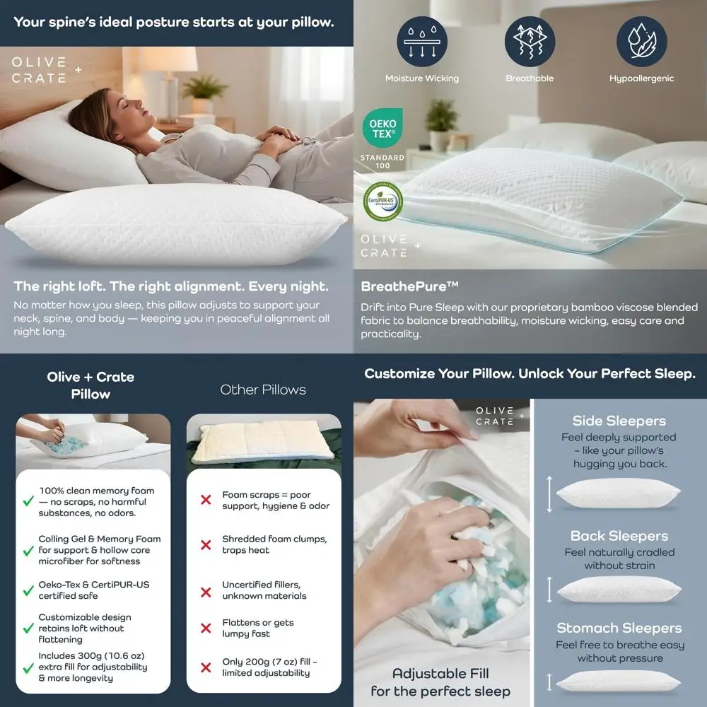 

Queen Size Cooling Memory Foam Pillow - Hypoallergenic, Adjustable Loft, Ideal for Back, Stomach, and Side Sleepers