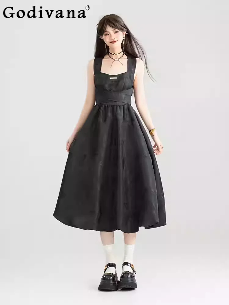 

Новое весеннее платье на бретельках с бантом, завышенной талией и открытой спиной, модное черное платье А-силуэта с квадратным вырезом без рукавов для девушек