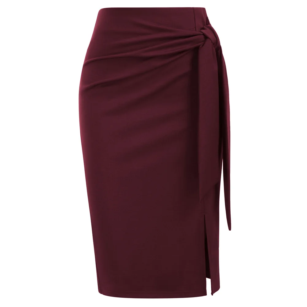 Kate Kasin Women\'s Skirt Elastic High Waist Bow Tie Knee Length Stretch Bodycon Pencil Skirts with Slit office Lady Workwear A30