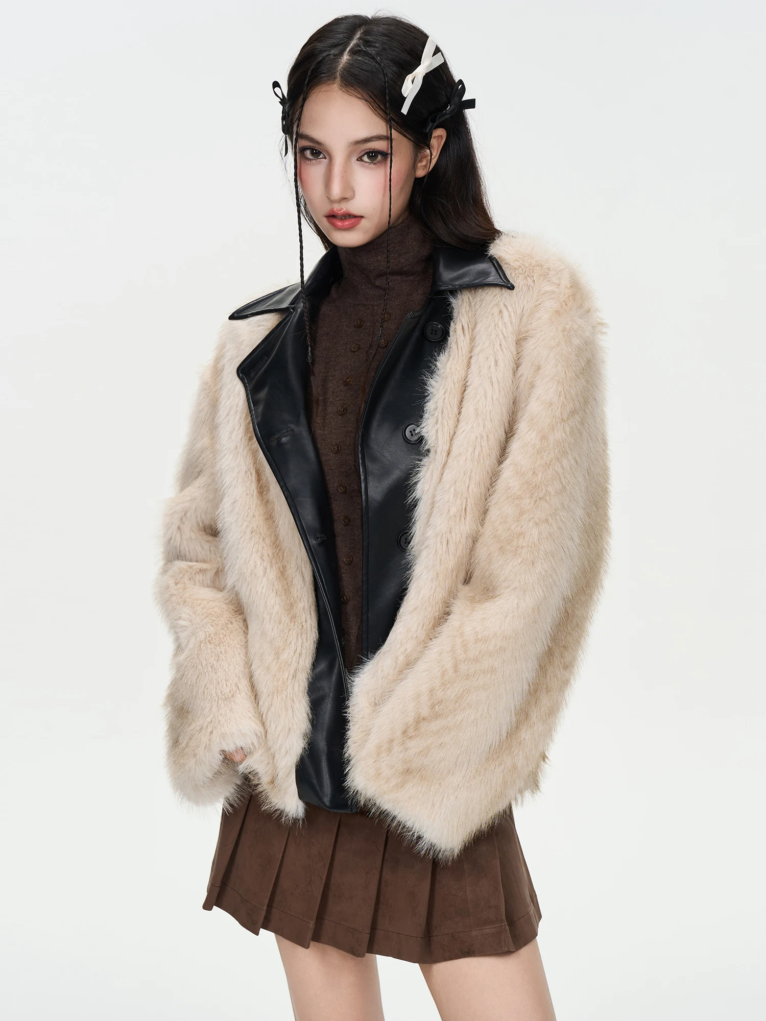 

IUNAE LUMEN 2025 Autumn Winter New Style Retro Women's Loose Fur Collar Eco-Friendly Fur Patchwork Short Coat Warm Outdoor Fa...