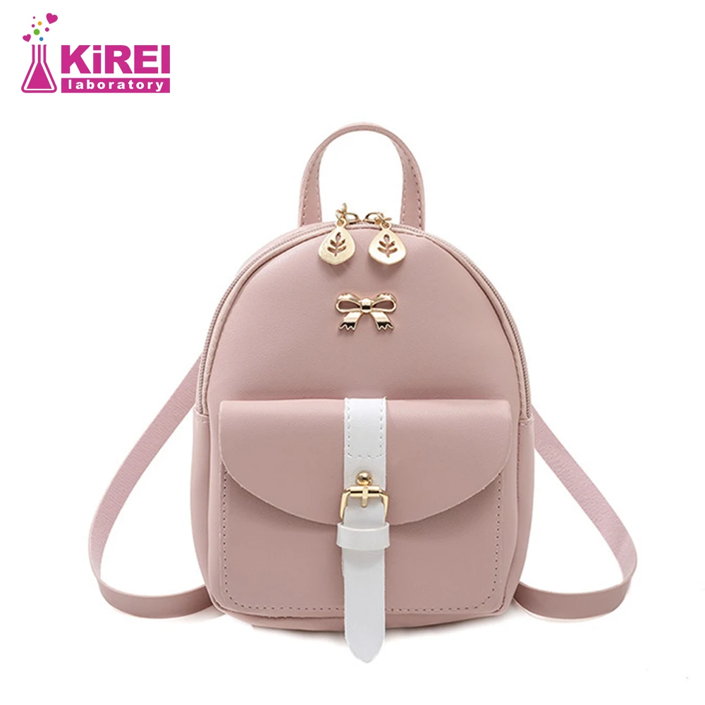 Ladies New Fashion Metal Bowknot Decorated Zipper PU Compact Backpack Go Out Portable Change Mobile Wallet Storage