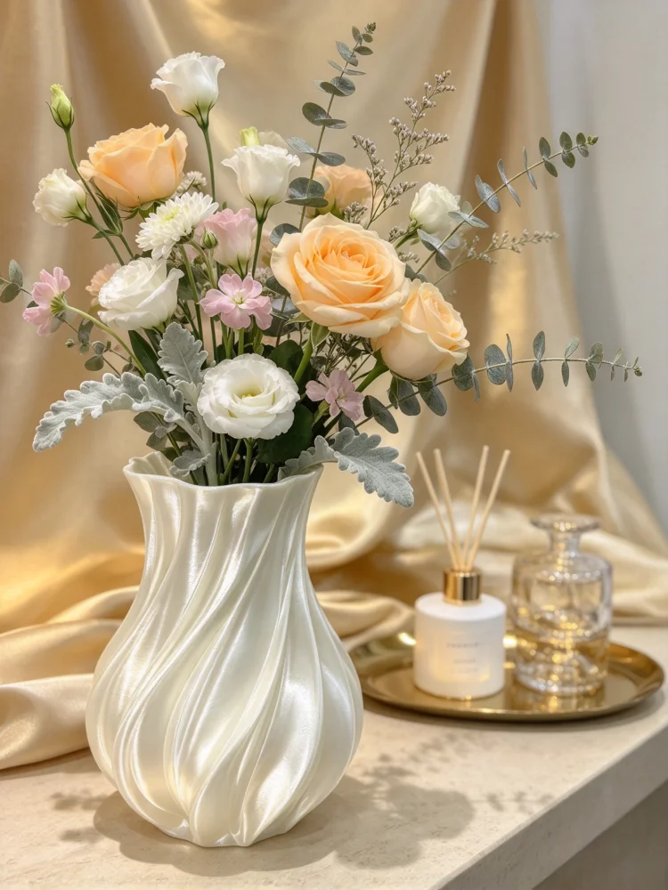 Light Luxury Style Silk White Swirl Texture Dressing Table Vase, 3D Printed Pearlescent Texture Desktop Flower Vessel, Flowing Wave Pattern with a High-End Satin Luster, Creamy White Base That Gently Complements Beauty Spaces, Can Be Used to Insert Small Bouquets to Decorate the Dressing Table, Can Also Serve as a Decorative Piece for the Dressing Table, Enhancing the Sophistication and Ambiance of the Beauty Area, Is a Great Desktop Accessory for Beauty Enthusiasts, Easily Creating a Stylish Makeup Space