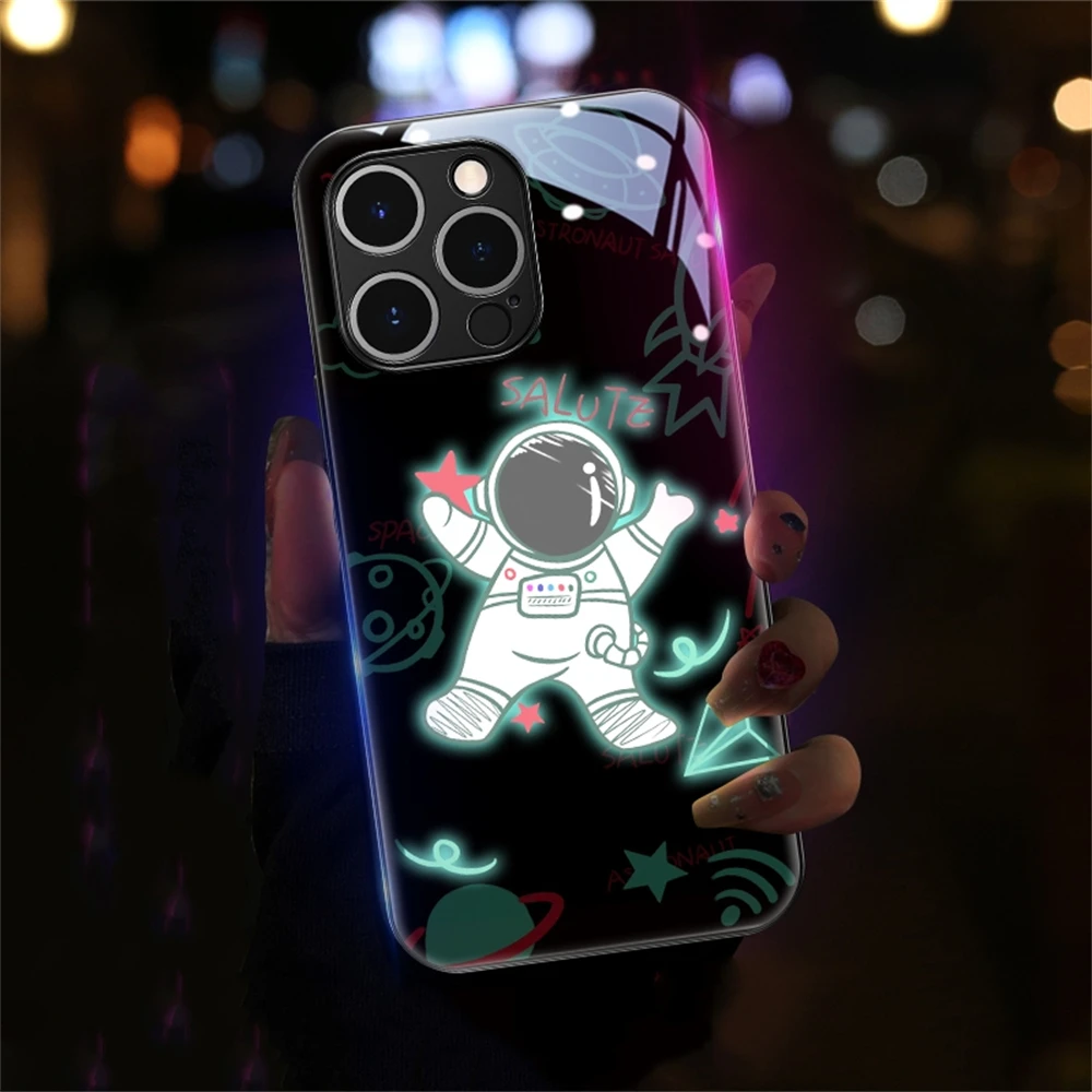 

2026 Popular Astronaut Sound Control LED Flash Cases Luminous Glass Cover For Samsung S26 S25 S24 S23 S22 S21 S20 FE Plus Ultra