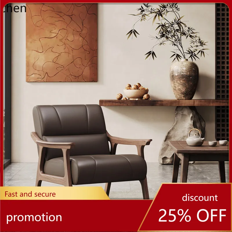 

CZ Genuine Leather Leisure Chair Solid Wood Vintage Single Sofa Tea Room Reading Chair