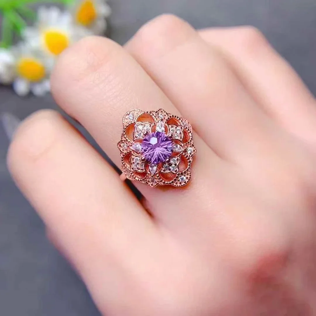 Luxury 925 Silver Statement Ring for Party 6mm VVS Grade Natural Amethyst Ring Gold Plated Amethyst Jewelry