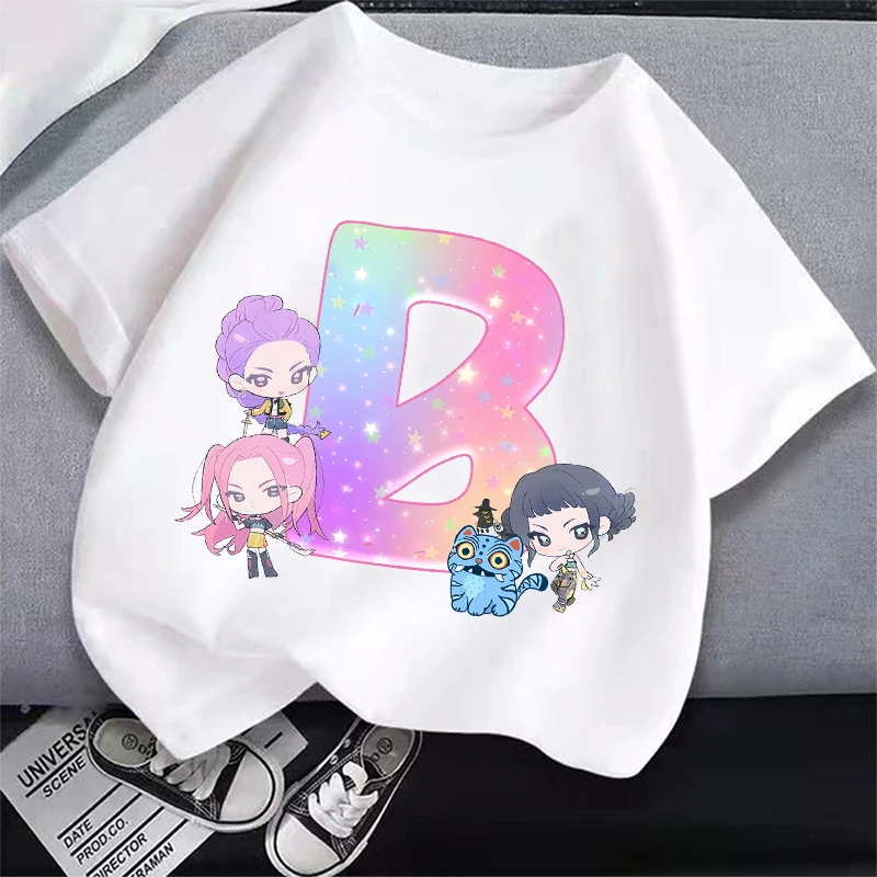

Kpop Demon Hunters Short Sleeve Girl A-Z Letters Print T Shirt Cute Clothes Fashion Round Neck Summer Tee Shirts Short Tops Tees