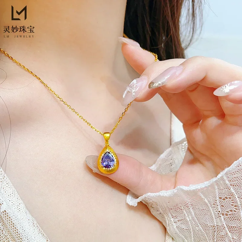 NovaGlod Ancient gold 9999 point diamond brushed purple water drop pendant 24K real gold necklace clavicle chain versatile niche