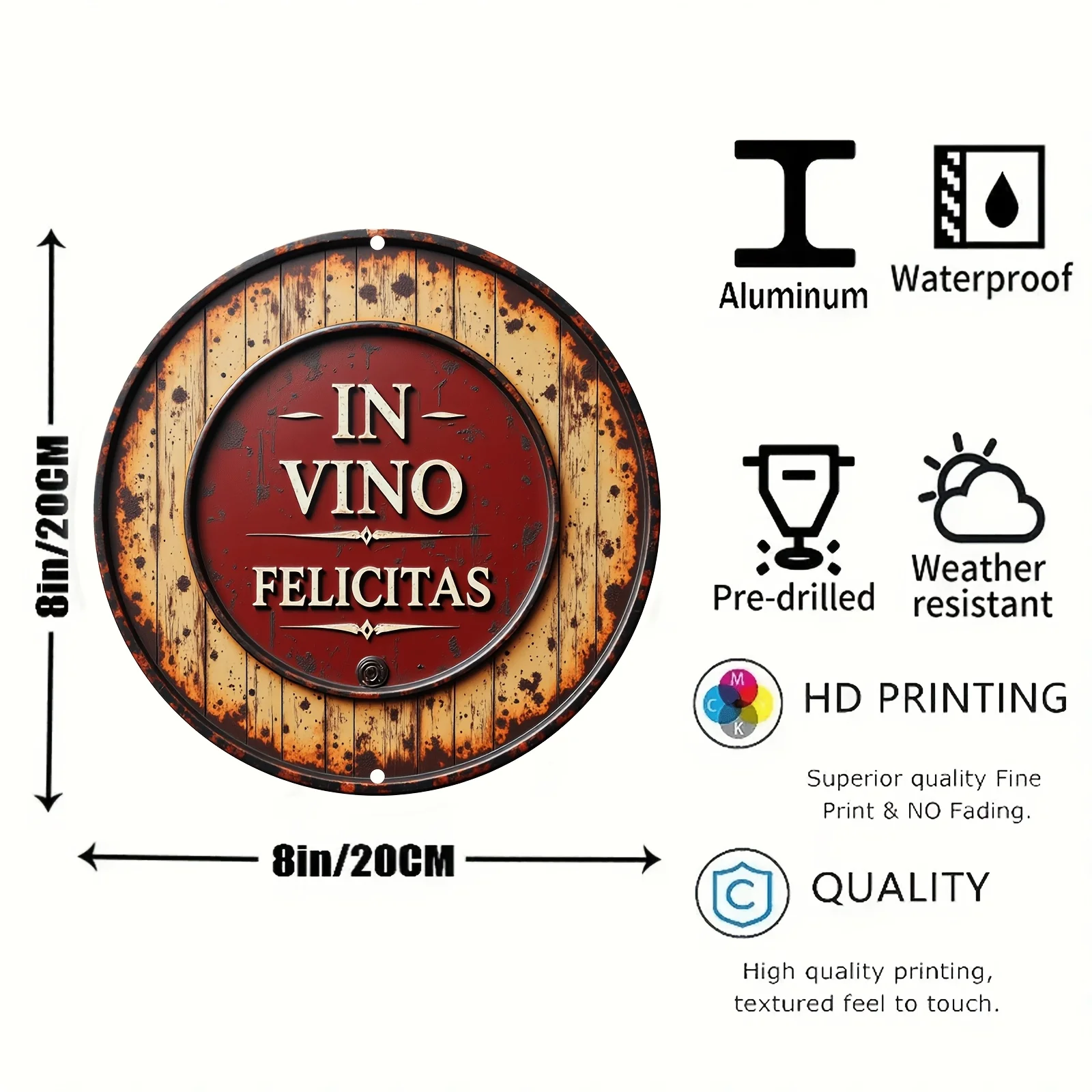 HD Tin Sign, In Vino Felicitas Vintage Wine Barrel Round Metal Wall Art, Rustic Pub Decor for Home Kitchen