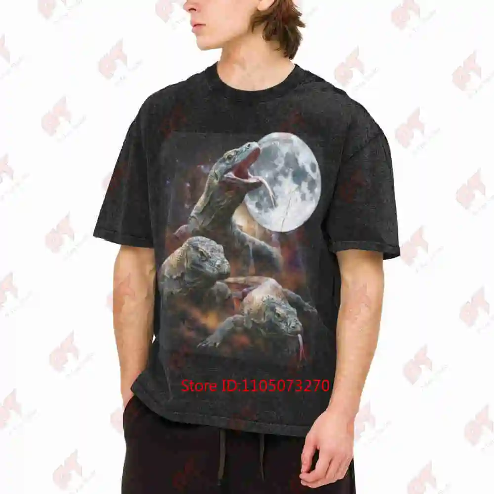 Three Komodo Dragon Moon Giant Monitor Lizard 90s Bootleg Vintage Washed Tee Pure Cotton T-Shirt