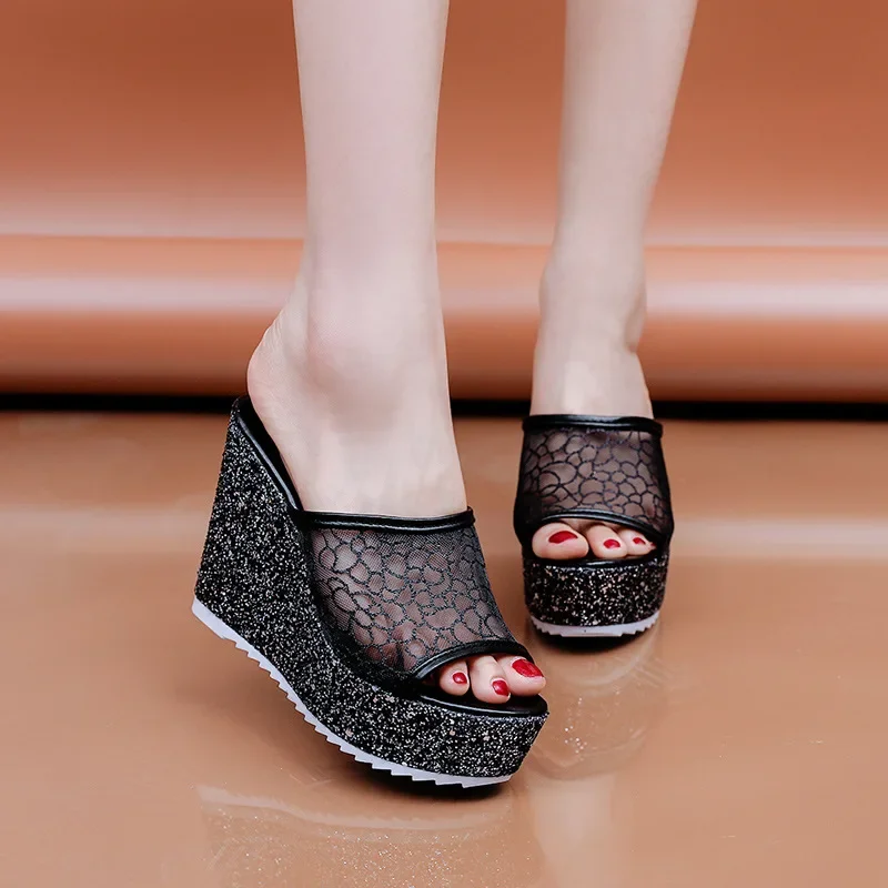 Bling Golden Women Slippers Summer Shoes Platform(4cm) Outside Fitting-room 11cm High Heels Wedges Solid Mesh Female Slides