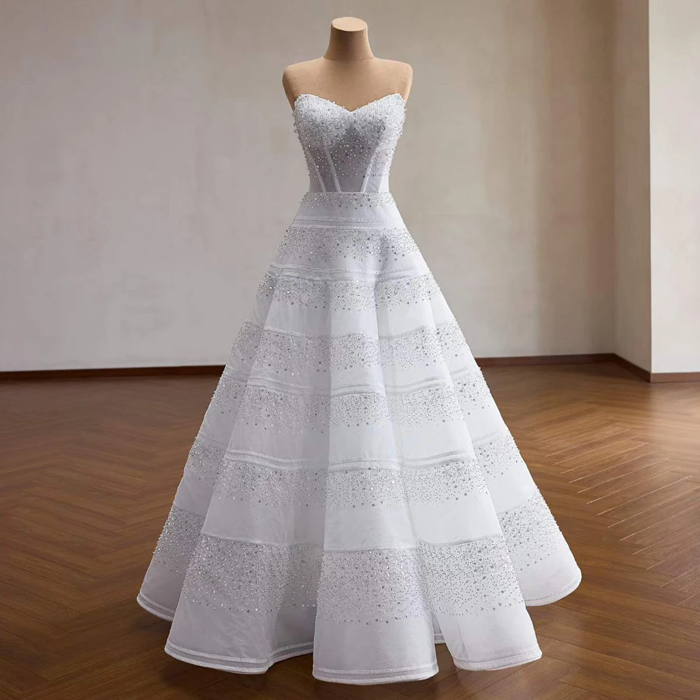Brides Dresses 2026 Pearl Crystal Beading Sweetheart A Line Floor Length Customizable Reception Dresses For Weddings