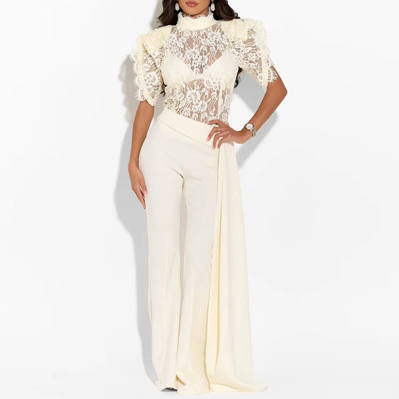 

New Sexy Embroidery See Through Party Outfit Women Spring O Neck Butterfly Sleeve Top+High Waist Trousers Suit Summer Hollow Set